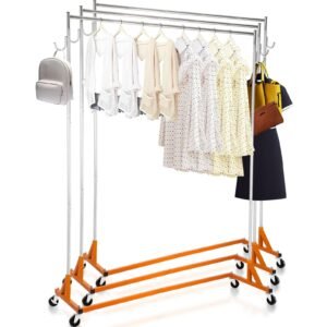 z rack, industrial grade z base garment rack, height adjustable rolling z garment rack, sturdy steel z base clothing rack with lockable casters, for home clothing store display orange (3 sets)
