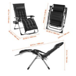 zero gravity chair, 26 inch zero gravity recliner lounge chair for indoor and outdoor, adjustable anti gravity chair with cushion, headrest, footrest, and cupholder, 500 lbs, black