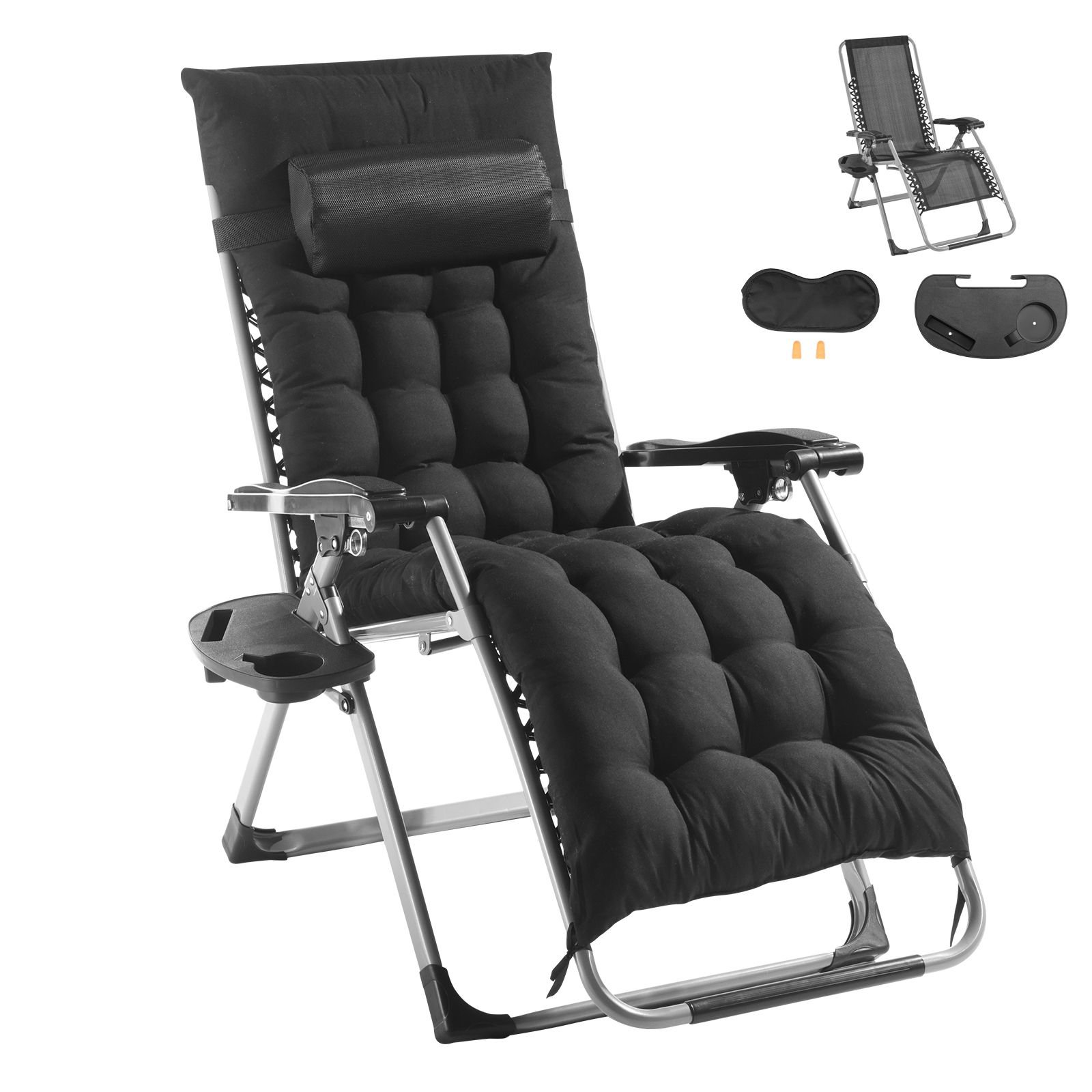 zero gravity chair, 26 inch zero gravity recliner lounge chair for indoor and outdoor, adjustable anti gravity chair with cushion, headrest, footrest, and cupholder, 500 lbs, black