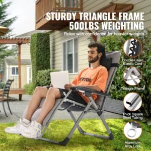 zero gravity chair, 26 inch zero gravity recliner lounge chair for indoor and outdoor, adjustable anti gravity chair with cushion, headrest, footrest, and cupholder, 500 lbs, gray