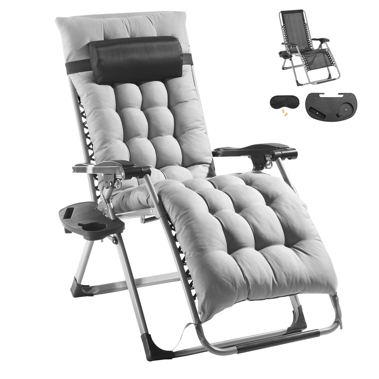 zero gravity chair, 26 inch zero gravity recliner lounge chair for indoor and outdoor, adjustable anti gravity chair with cushion, headrest, footrest, and cupholder, 500 lbs, gray