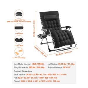zero gravity chair, 33 inch zero gravity recliner lounge chair for indoor and outdoor, adjustable anti gravity chair with cushion, headrest, footrest, and cupholder, 500 lbs, black