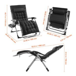 zero gravity chair, 33 inch zero gravity recliner lounge chair for indoor and outdoor, adjustable anti gravity chair with cushion, headrest, footrest, and cupholder, 500 lbs, black