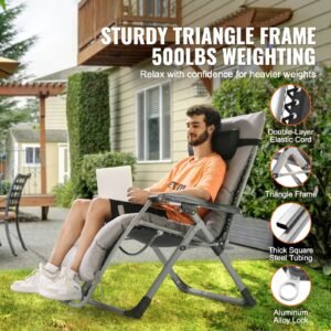 zero gravity chair, 33 inch zero gravity recliner lounge chair for indoor and outdoor, adjustable anti gravity chair with cushion, headrest, footrest, and cupholder, 500 lbs, gray