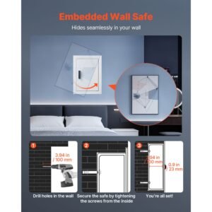 0.83 sq.ft wall safe, 3 tier hidden wall safe with password, key & turning knob, q235 cold rolled steel in wall box with adjustable shelves & mounting holes for money, jewelry, passport, white