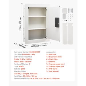 0.83 sq.ft wall safe, 3 tier hidden wall safe with password, key & turning knob, q235 cold rolled steel in wall box with adjustable shelves & mounting holes for money, jewelry, passport, white
