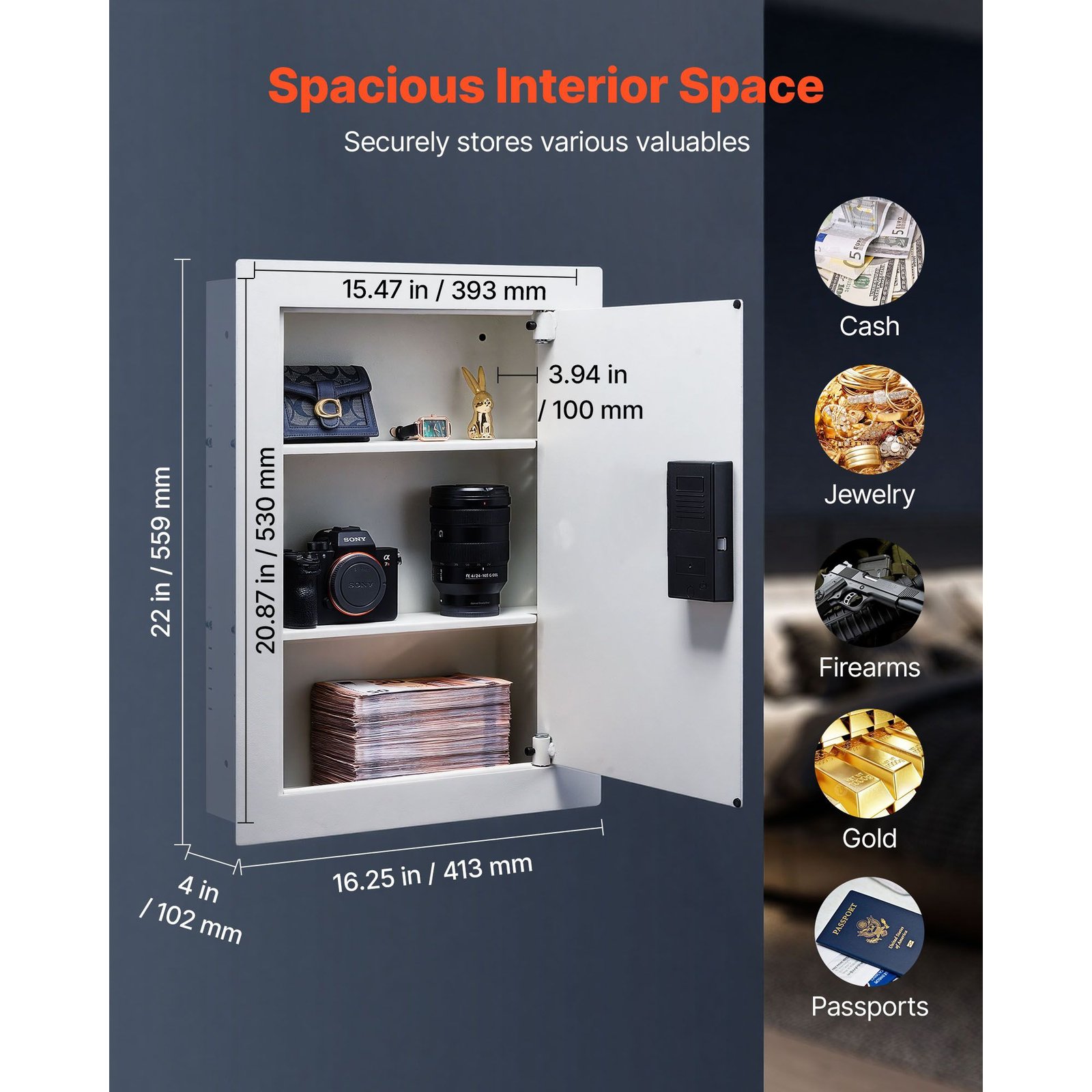 0.83 sq.ft wall safe, 3 tier hidden wall safe with password, key & turning knob, q235 cold rolled steel in wall box with adjustable shelves & mounting holes for money, jewelry, passport, white