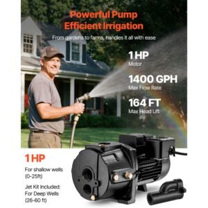 1 hp shallow well jet pump, ac 115/230 volt, 1400 gph dual voltage cast iron well jet pump, with 164 ft max head lift, automatic pressure switch, for garden irrigation lawn sprinkler system