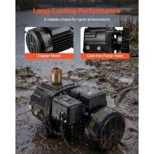 1 hp shallow well jet pump, ac 115/230 volt, 1400 gph dual voltage cast iron well jet pump, with 164 ft max head lift, automatic pressure switch, for garden irrigation lawn sprinkler system