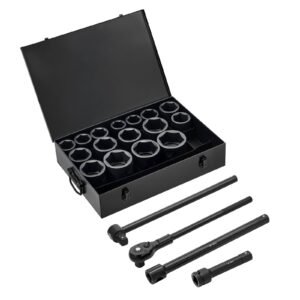 1 in Drive Impact Socket Set, 21 Piece, 6 Point Shallow Impact Sockets, SAE (1-5/8 in to 3-1/8 in), with 8 in & 18 in Extension Bars, 24 in Ratchet, Cr-V Steel, Size Marking, and Carrying Case