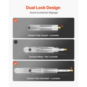 1 pair full extension drawer slides 18 20 22 28 30 32 36 38 40 44 48 52 56 60 in, 500 lbs load capacity locking drawer slides, ball bearing with lock side mount drawer slide rail