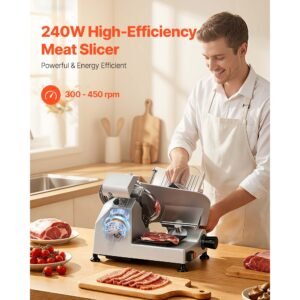 10" commercial meat slicer, 240w electric deli food slicer with carbon steel blade, built in sharpener & 0 0.47" adjustable thickness for frozen meat, ham, baguett, steak, ul approved