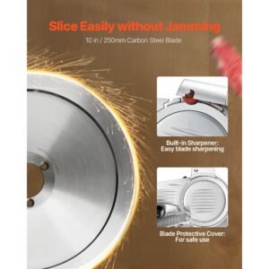 10" commercial meat slicer, 240w electric deli food slicer with carbon steel blade, built in sharpener & 0 0.47" adjustable thickness for frozen meat, ham, baguett, steak, ul approved