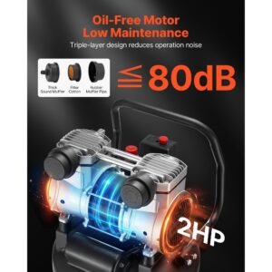 10 gallon air compressor, 2hp 4.8 scfm at 90psi, max 125psi pressure oil free air compressor tank, portable on wheels for auto repair, tire inflation, spray painting, woodwork nailing, 120v