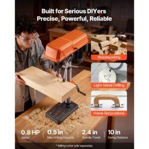 10 inch benchtop drill press, 5 amp, 0.8 hp 600w bench drill press, 530 3140 rpm variable speed, 0 45° tilting worktable, with laser and led work light, tabletop drilling machine, for wood metal