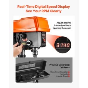 10 inch benchtop drill press, 5 amp, 0.8 hp 600w bench drill press, 530 3140 rpm variable speed, 0 45° tilting worktable, with laser and led work light, tabletop drilling machine, for wood metal