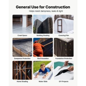 10 mil plastic sheeting 6' x 50' heavy duty thick polyethylene roll, plastic drop cloth painters tarp, polyethylene covering for crawl space vapor barrier, weed control, garden, black & white