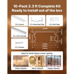 10 pack 3.3 ft/1m u shape led aluminum channel, with milky cover, end caps and mounting clips, aluminum profile for led strip light installations, easy installation, for under cabinet counter