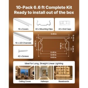 10 pack 6.6 ft/2m u shape led aluminum channel, with milky cover, end caps and mounting clips, aluminum profile for led strip light installations, easy installation, for under cabinet counter