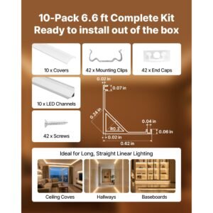 10 pack 6.6 ft/2m v shape led aluminum channel, with milky cover, end caps and mounting clips, aluminum profile for led strip light installations, easy installation, for under cabinet counter