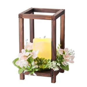 10 set/30 pcs wooden wedding lantern centerpiece, includes 10 wooden lantern candle holder 10 flameless led candle 10 champagne flower wreath for wedding table party farmhouse decor, brown