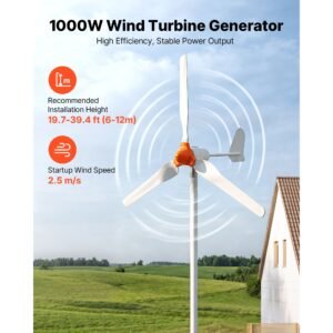 1000w 12v wind turbine generator, 3 blade wind turbine kit with wind/solar hybrid controller, efficient 3 phase ac permanent wind power generator for rv boat home farm (tower pole not include)