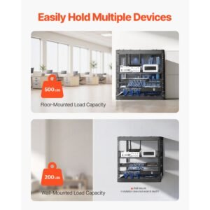 10u open frame network rack, 23 in depth, wall mounted or floor standing server rack, heavy duty 4 post, with vented shelves & mounting hardware, holds all your networking it equipment av gear