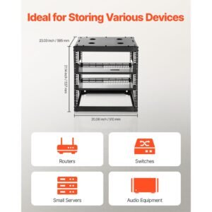 10u open frame network rack, 23 in depth, wall mounted or floor standing server rack, heavy duty 4 post, with vented shelves & mounting hardware, holds all your networking it equipment av gear
