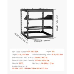 10u open frame network rack, 23 in depth, wall mounted or floor standing server rack, heavy duty 4 post, with vented shelves & mounting hardware, holds all your networking it equipment av gear
