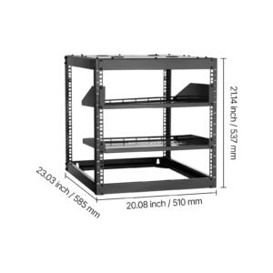 10u open frame network rack, 23 in depth, wall mounted or floor standing server rack, heavy duty 4 post, with vented shelves & mounting hardware, holds all your networking it equipment av gear