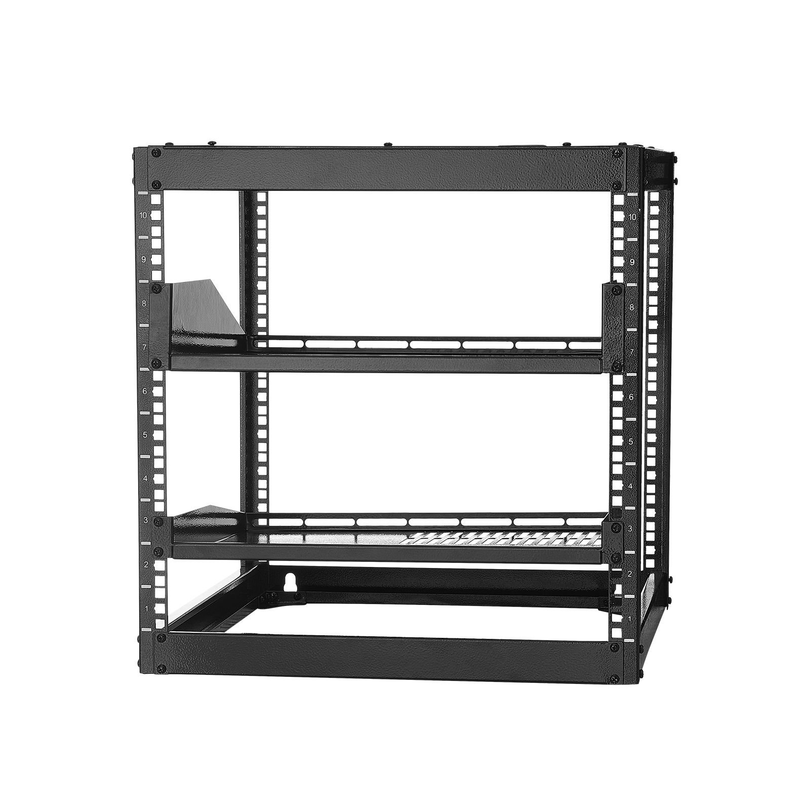 10u open frame network rack, 23 in depth, wall mounted or floor standing server rack, heavy duty 4 post, with vented shelves & mounting hardware, holds all your networking it equipment av gear