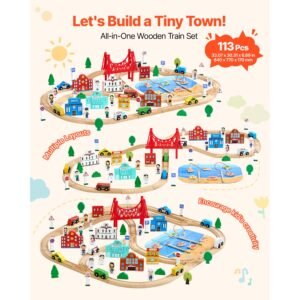 113pcs wooden train set, for kids ages 3 8, wood train track toy with storage box, city scene railway playset, compatible with major brands, christmas birthday toy for toddlers boys and girls