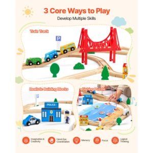 113pcs wooden train set, for kids ages 3 8, wood train track toy with storage box, city scene railway playset, compatible with major brands, christmas birthday toy for toddlers boys and girls