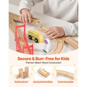 113pcs wooden train set, for kids ages 3 8, wood train track toy with storage box, city scene railway playset, compatible with major brands, christmas birthday toy for toddlers boys and girls