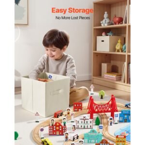 113pcs wooden train set, for kids ages 3 8, wood train track toy with storage box, city scene railway playset, compatible with major brands, christmas birthday toy for toddlers boys and girls