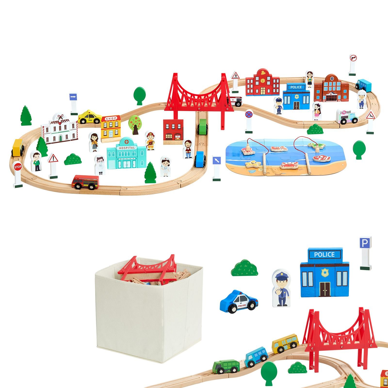 113pcs wooden train set, for kids ages 3 8, wood train track toy with storage box, city scene railway playset, compatible with major brands, christmas birthday toy for toddlers boys and girls