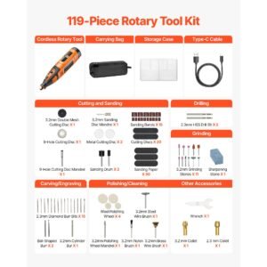 119 piece cordless rotary tool kit, dc12v portable mini power rotary tool, 28 level speed 5000 32000 rpm multi purpose diy tools for engraving, sanding, polishing, carving, cutting, diy crafts