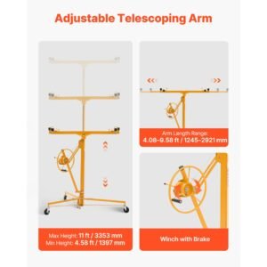 11ft drywall lift, heavy duty 150 lbs sheetrock hoist with adjustable telescoping arm, lockable wheels, drywall lifter panel jack hoist tools ideal for ceiling & wall installation (yellow)