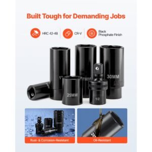 1/2 in drive impact socket set, 91 piece, 6 point deep & shallow impact sockets, sae (5/16 to 1 1/4 in) and metric (8 to 32 mm) sizes with extension bars (3, 5, 10 in), cr v steel, carrying case