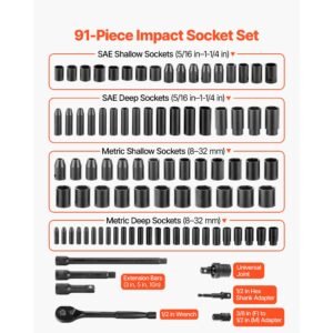 1/2 in drive impact socket set, 91 piece, 6 point deep & shallow impact sockets, sae (5/16 to 1 1/4 in) and metric (8 to 32 mm) sizes with extension bars (3, 5, 10 in), cr v steel, carrying case