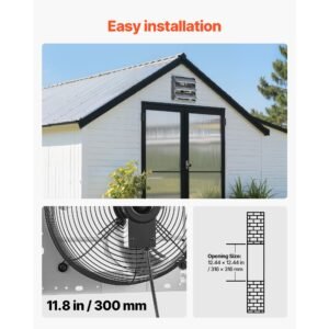 12 inch shutter exhaust fan wall mounted 1347 cfm automatic louvers, sturdy steel housing, low noise, ac motor, ventilation and cooling for attic, garage, barn, greenhouse, workshop, silver