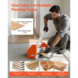 12 inch vinyl floor cutter, 12mm thick laminate flooring cutter with upgraded labor saving aluminum alloy lever, telescoping support plate, cuts certain engineered wood, lvt, vct, spc, lvp, wpc