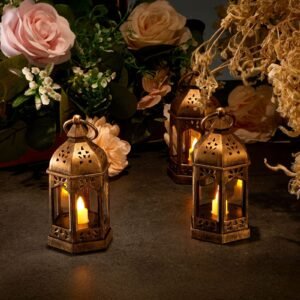 12 pcs decorative candle lantern, led electric flameless candle, plastic led holder with glass, wall hanging indoor porch lanterns for wedding table party farmhouse indoor decor, bronze