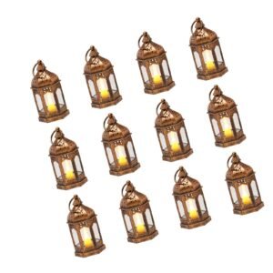 12 pcs decorative candle lantern, led electric flameless candle, plastic led holder with glass, wall hanging indoor porch lanterns for wedding table party farmhouse indoor decor, bronze