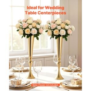 12 pcs wedding flower vase, 21.7 in tall trumpet flower table centerpieces, banquet vases easy installation, electroplated versatile arrangement stand for party events home decor reception, gold