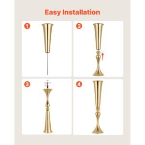 12 pcs wedding flower vase, 21.7 in tall trumpet flower table centerpieces, banquet vases easy installation, electroplated versatile arrangement stand for party events home decor reception, gold