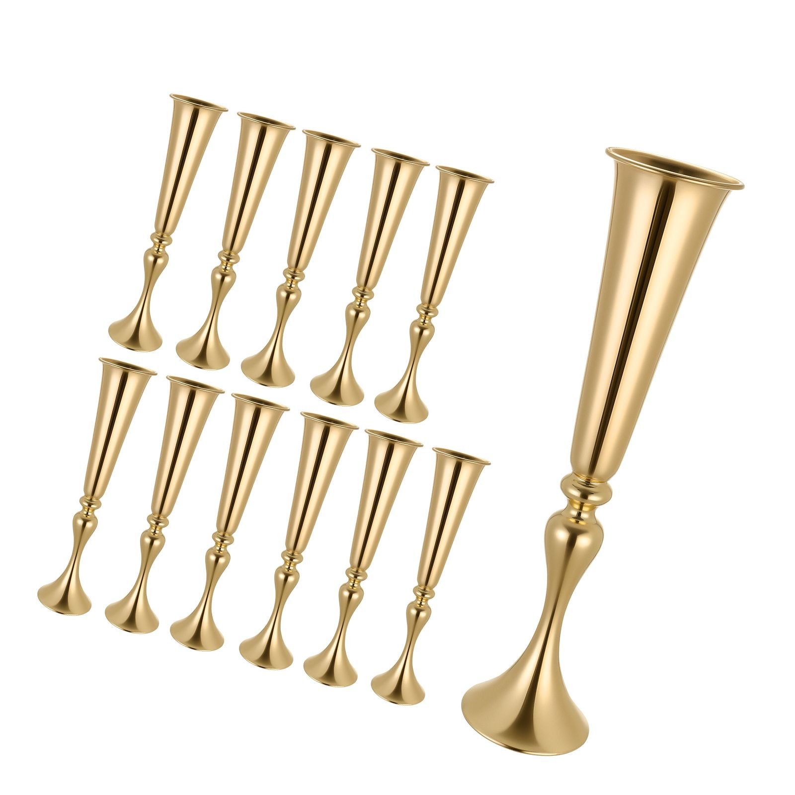 12 pcs wedding flower vase, 21.7 in tall trumpet flower table centerpieces, banquet vases easy installation, electroplated versatile arrangement stand for party events home decor reception, gold