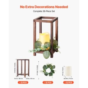 12 set/36 pcs wooden wedding lantern centerpiece, includes 12 wooden lantern candle holder 12 flameless led candle 12 eucalyptus leaves wreath for wedding table party farmhouse decor, brown