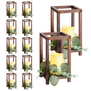 12 Set/36 Pcs Wooden Wedding Lantern Centerpiece, Includes 12 Wooden Lantern Candle Holder 12 Flameless LED Candle 12 Eucalyptus Leaves Wreath for Wedding Table Party Farmhouse Decor, Brown