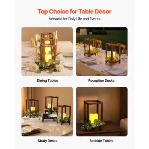 12 set/36 pcs wooden wedding lantern centerpiece, includes 12 wooden lantern candle holder 12 flameless led candle 12 eucalyptus leaves wreath for wedding table party farmhouse decor, brown